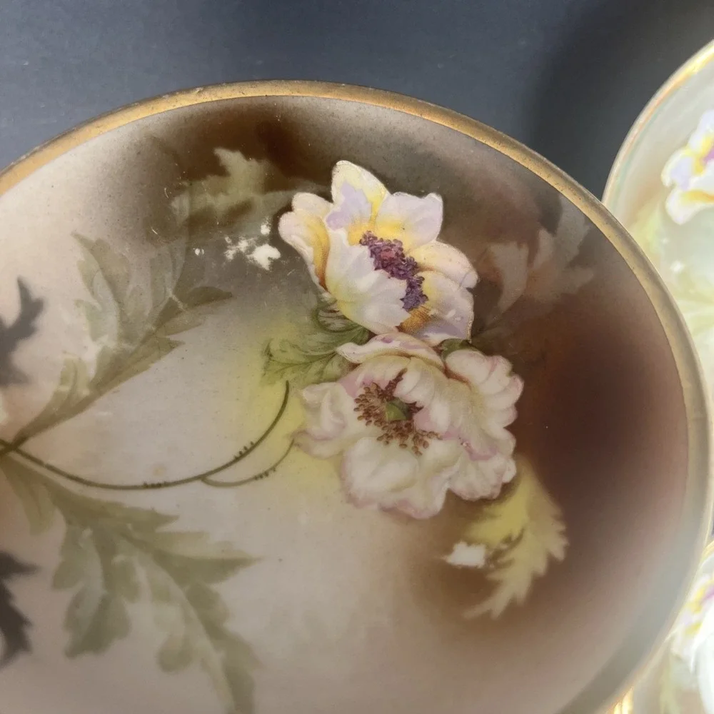 Antique RS Germany 3 Crown Berry Bowl 8 Pc Set Raised Enamel Poppy Floral Gold